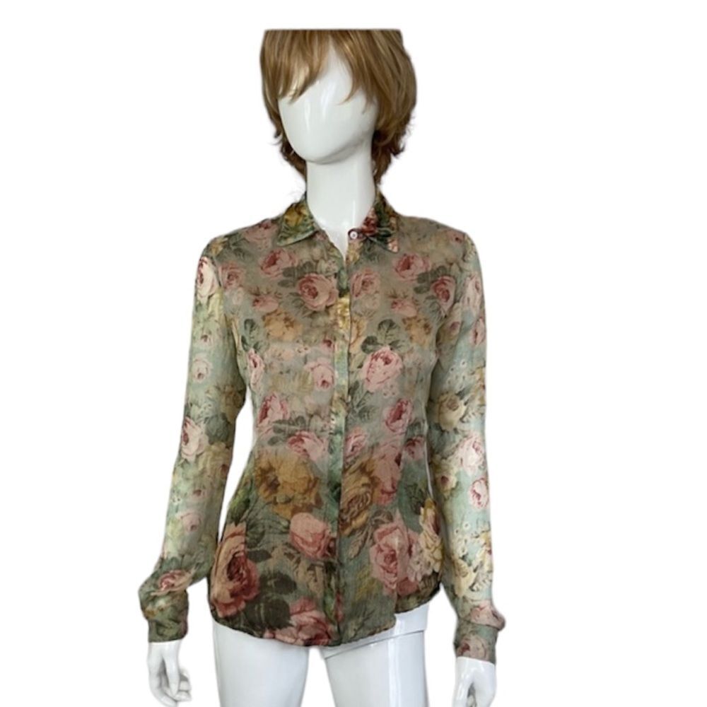 120% Lino Floral Cottagecore Silk Collared Long Sleeve Button-Up Shirt Top XS